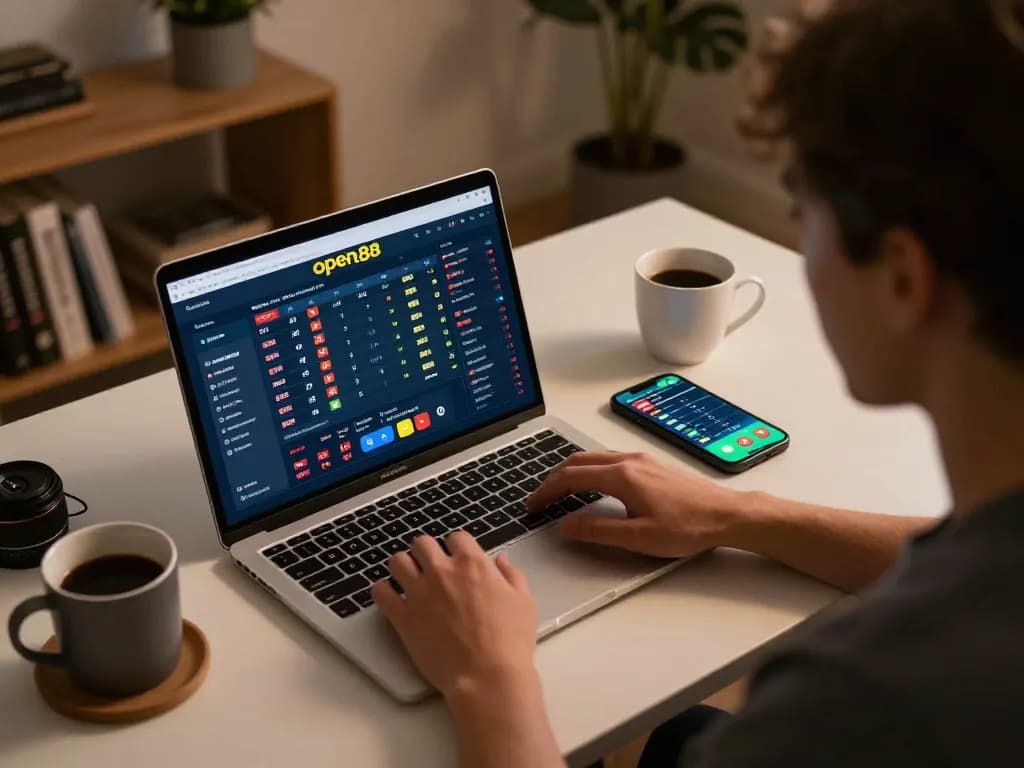 Engaging sports betting experience on open88 with laptop and smartphone analyzing bets.