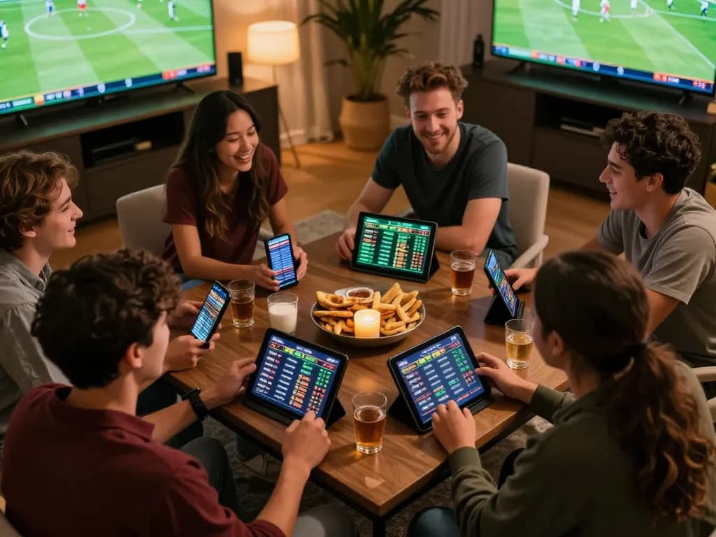 Friends enjoying sports betting with lovingaze app on devices, creating a competitive atmosphere.