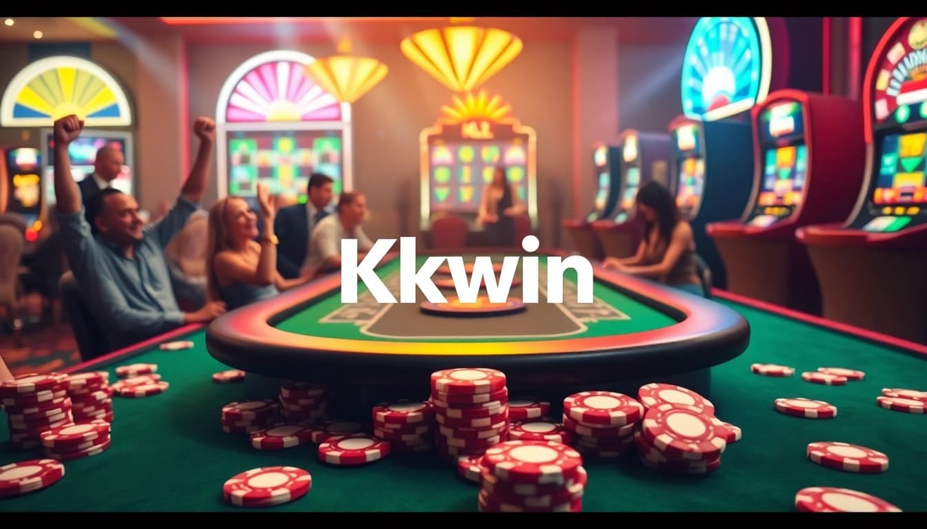 Kkwin casino featuring vibrant poker tables and colorful slot machines creating an inviting atmosphere.
