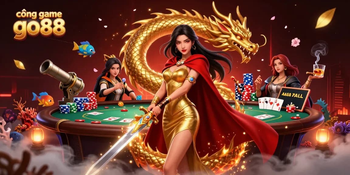 Engage with the exciting world of cổng game go88 featuring a warrior queen and dynamic casino elements in a vibrant 3D illustration.