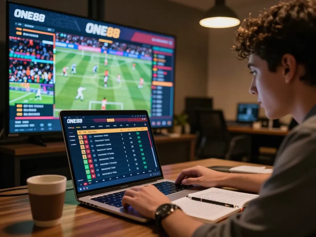 ONE88 user placing sports bets on a laptop, engaging in online gambling with strategic focus for maximum success.