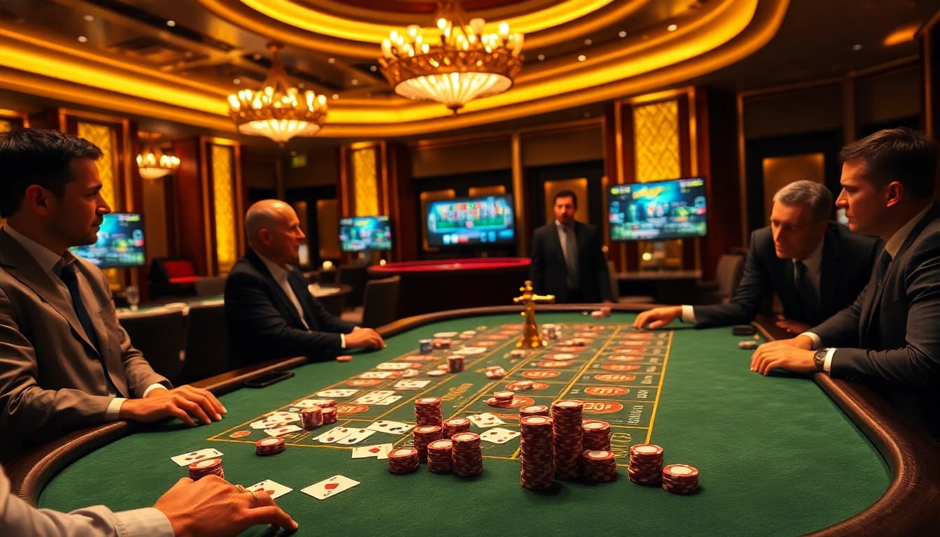 Engaging casino scene showcasing a high-stakes poker game featuring da88 betting strategies and luxurious décor.