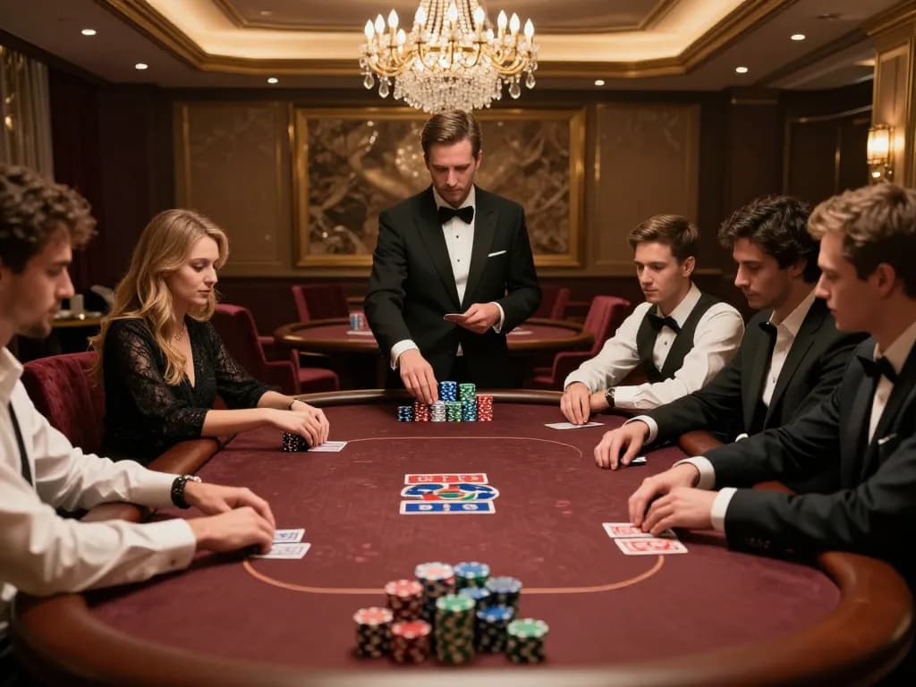 Go99 players engaged in an exclusive poker game, showcasing high stakes and strategic gameplay in a luxurious setting