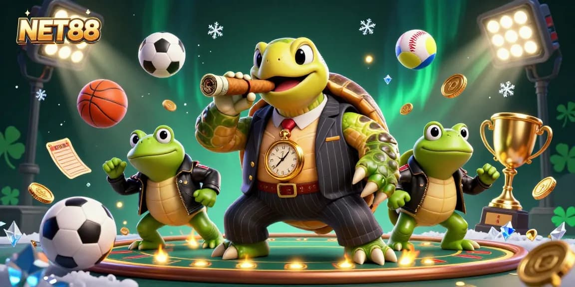 NET88 showcases a vibrant 3D cartoon scene with characters representing a lively casino atmosphere and rich gaming elements.