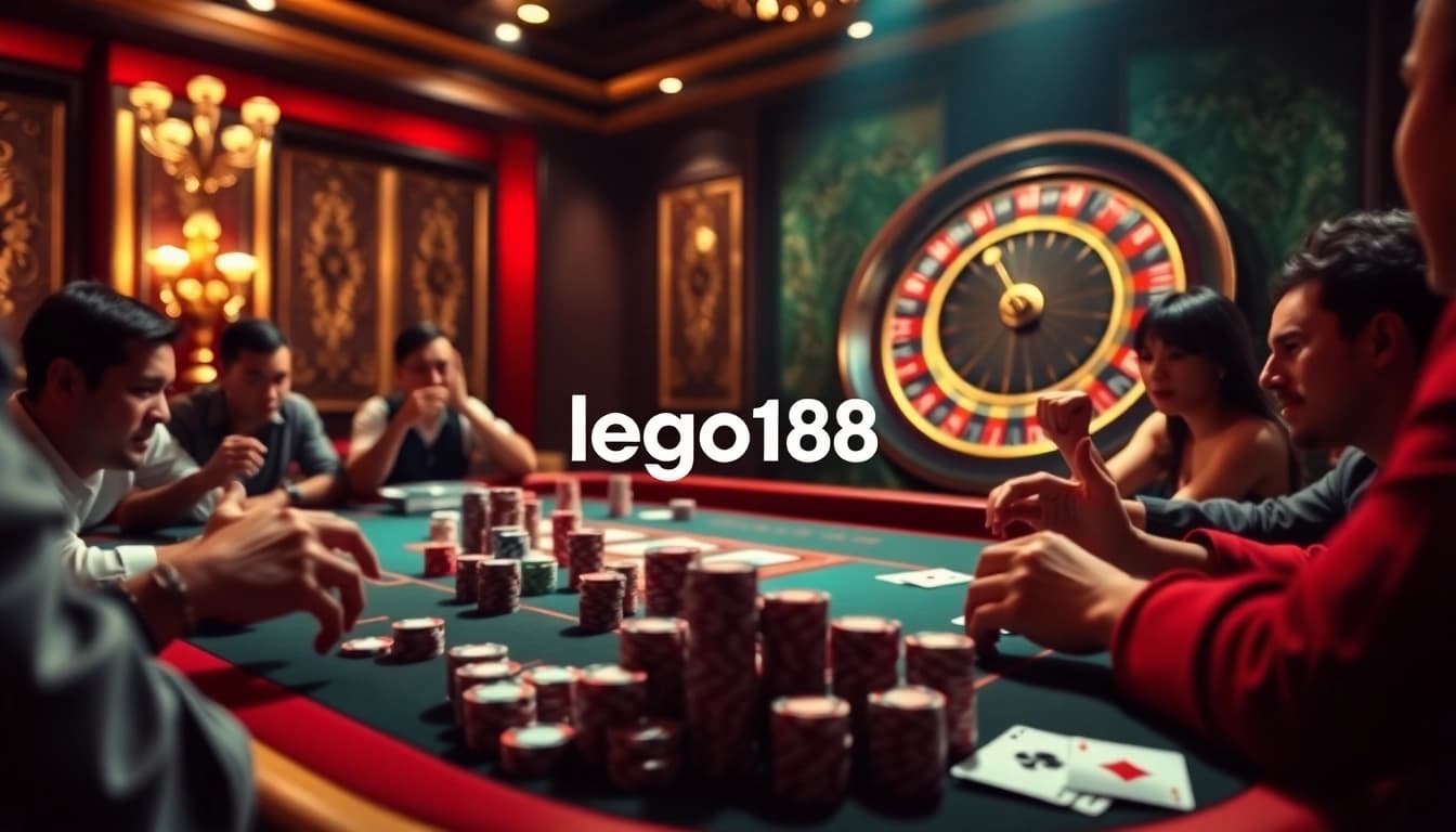 Engaged players at a luxurious poker table in the vibrant casino setting, featuring lego138 branding.