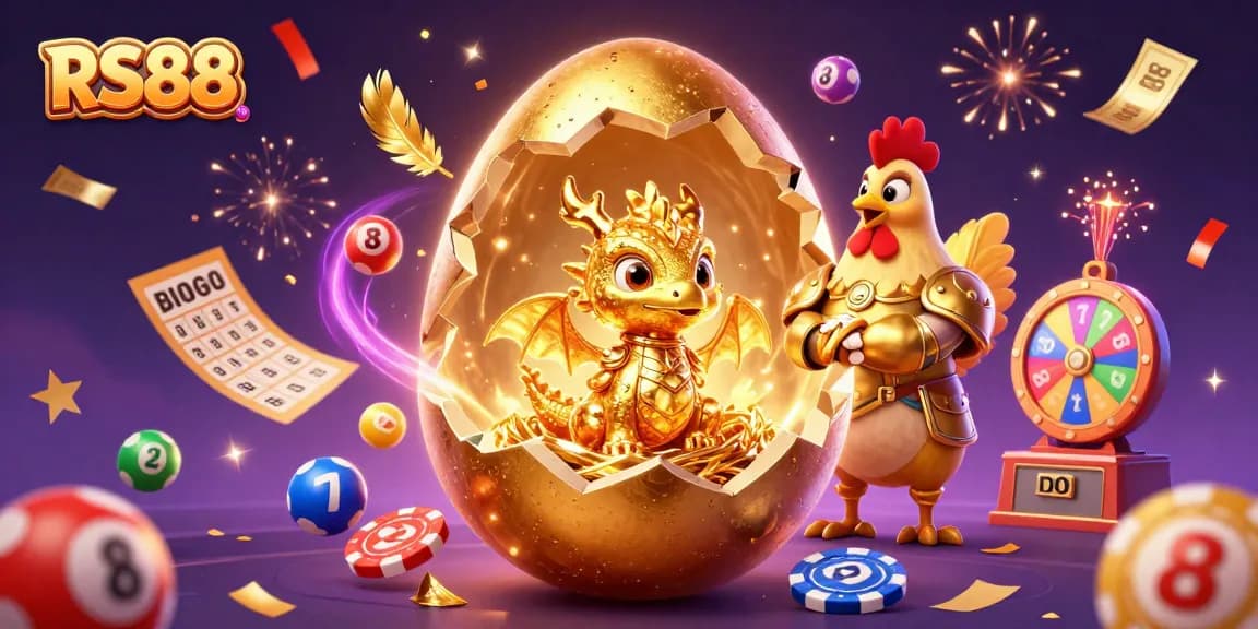 Experience the thrill of RS88 casino with stunning 3D art of a golden baby dragon atop poker chips.