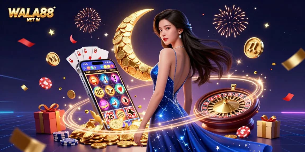 Experience the thrill of betting with WALA88 NET IN in this dazzling casino-themed illustration featuring gambling elements.