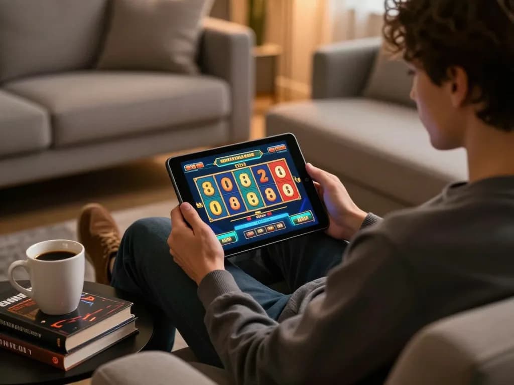 Viceroyluxury user enjoying dynamic slot game on tablet in a cozy home environment.