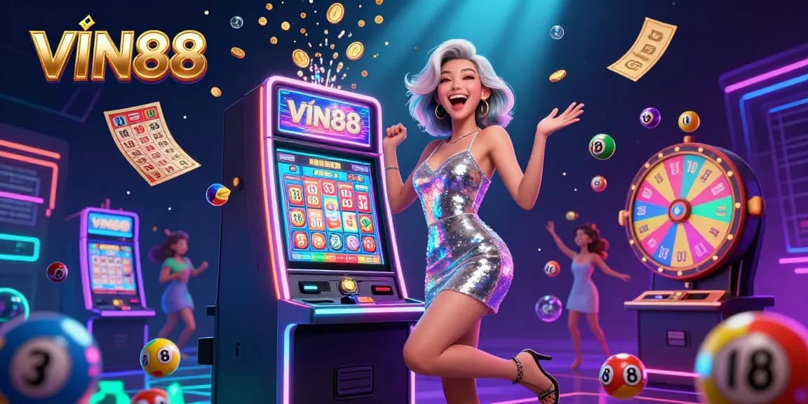 Win jackpots at VIN88 with vibrant casino scenes showcasing dynamic games and exciting elements.