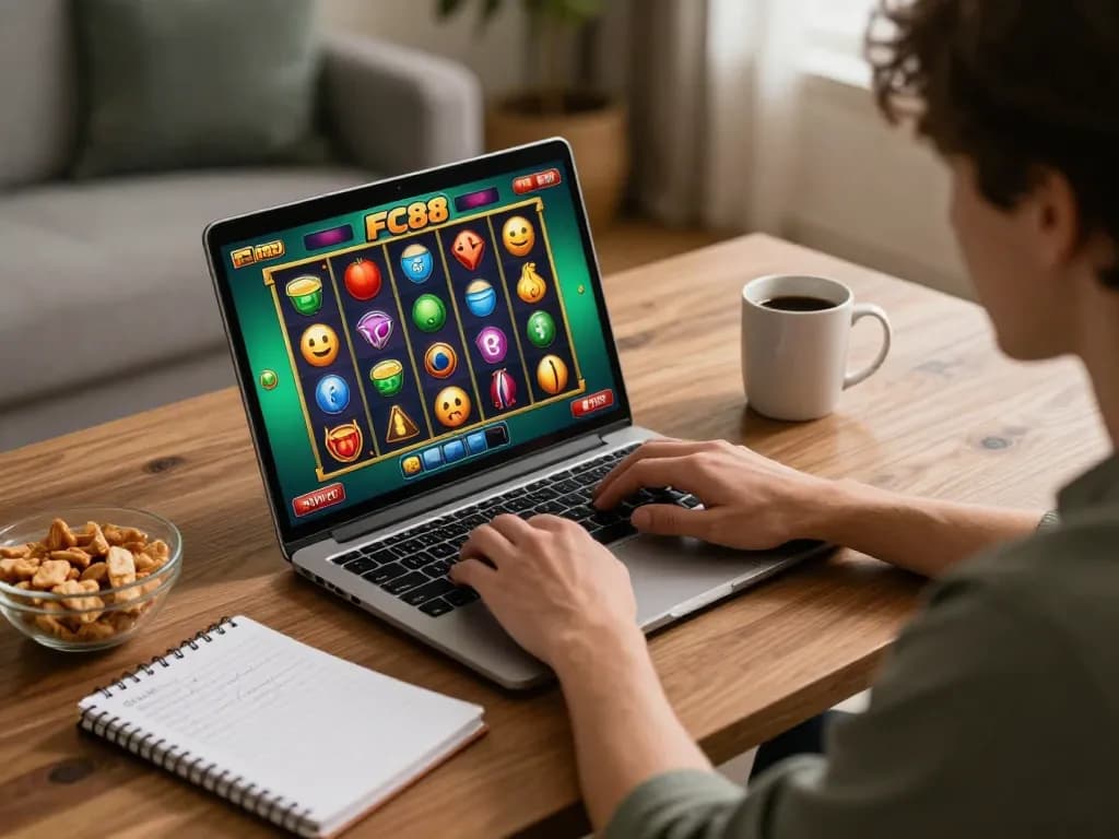 Player enjoying FC88 slots in home gaming setup, laptop open with vibrant reels and betting notes.