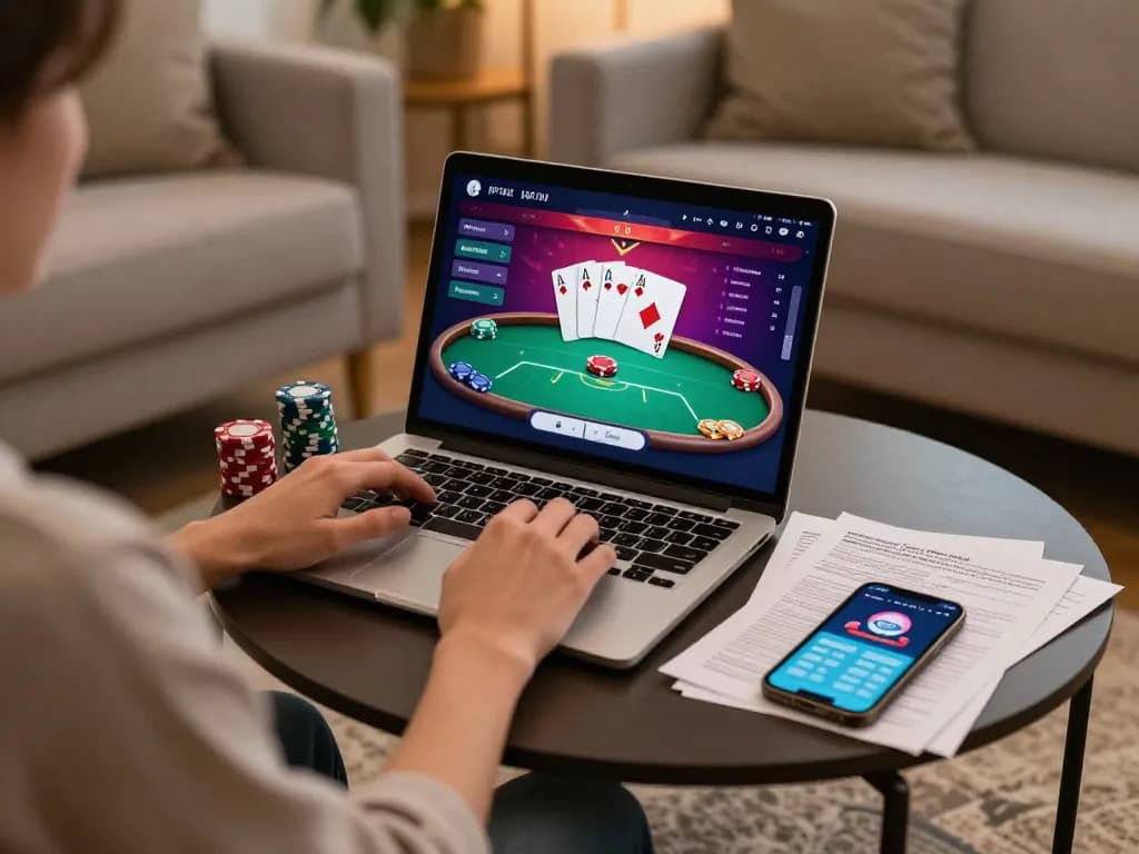 Xocdiaclub player engaging in online poker game with strategy notes nearby.