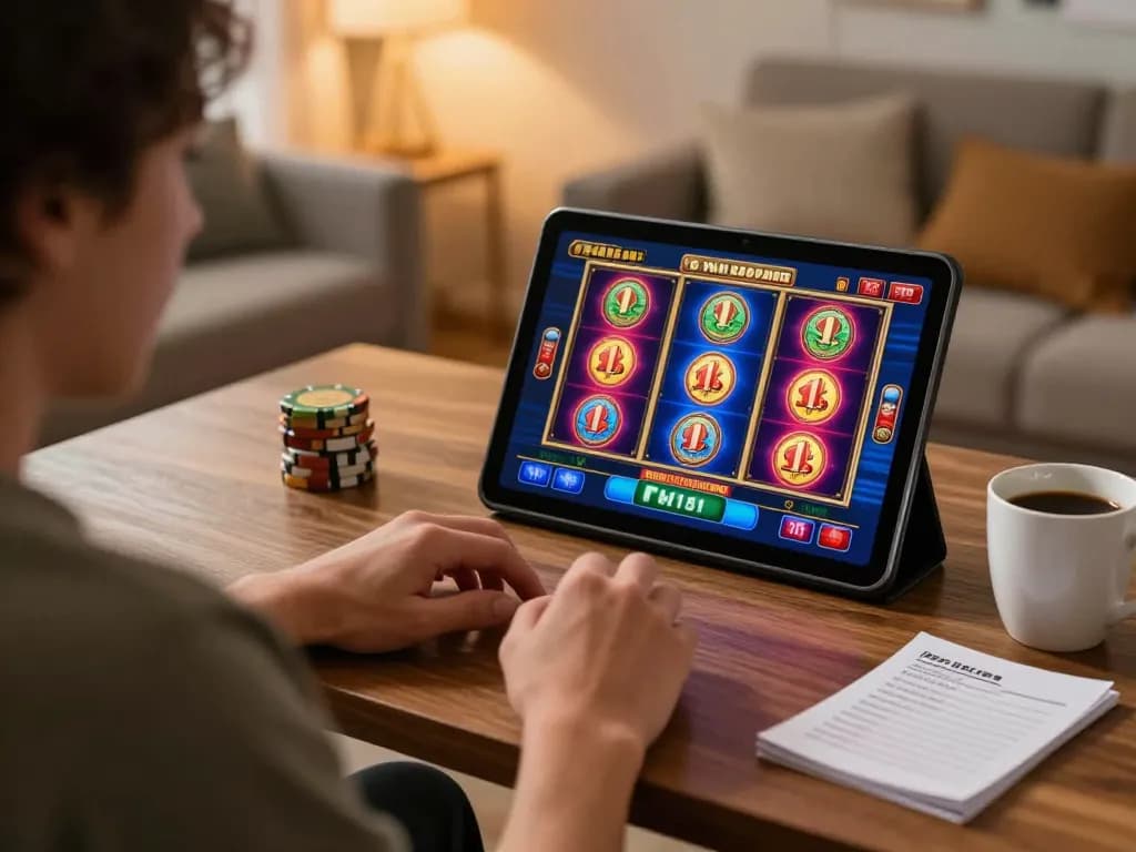 Engaging in online slots gaming on legendelectricnd with tablet and warm home ambiance