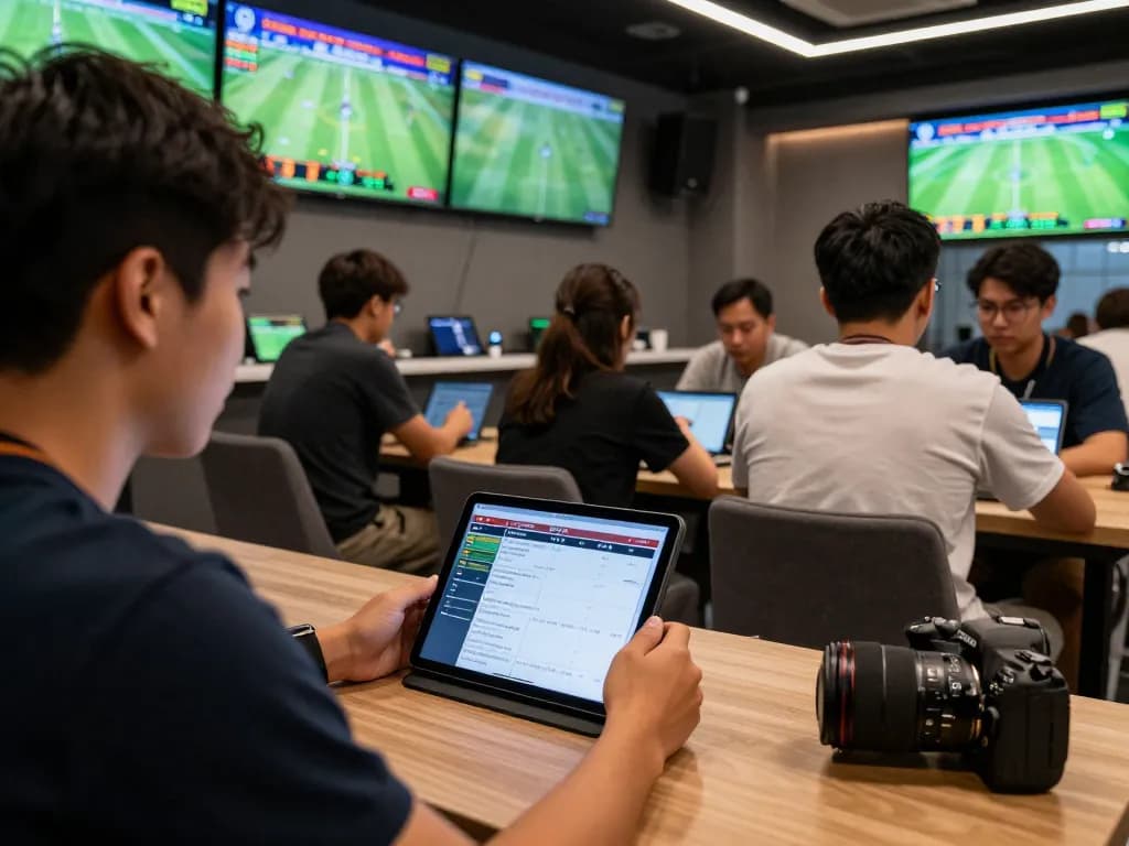 Kèo nhà cái analysis in a lively sports betting lounge with screens displaying live odds and commentary
