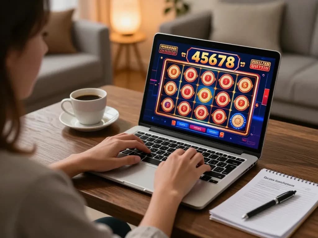 Engaging scene of a player enjoying 45678 casino slots on a laptop, with strategic notes nearby.