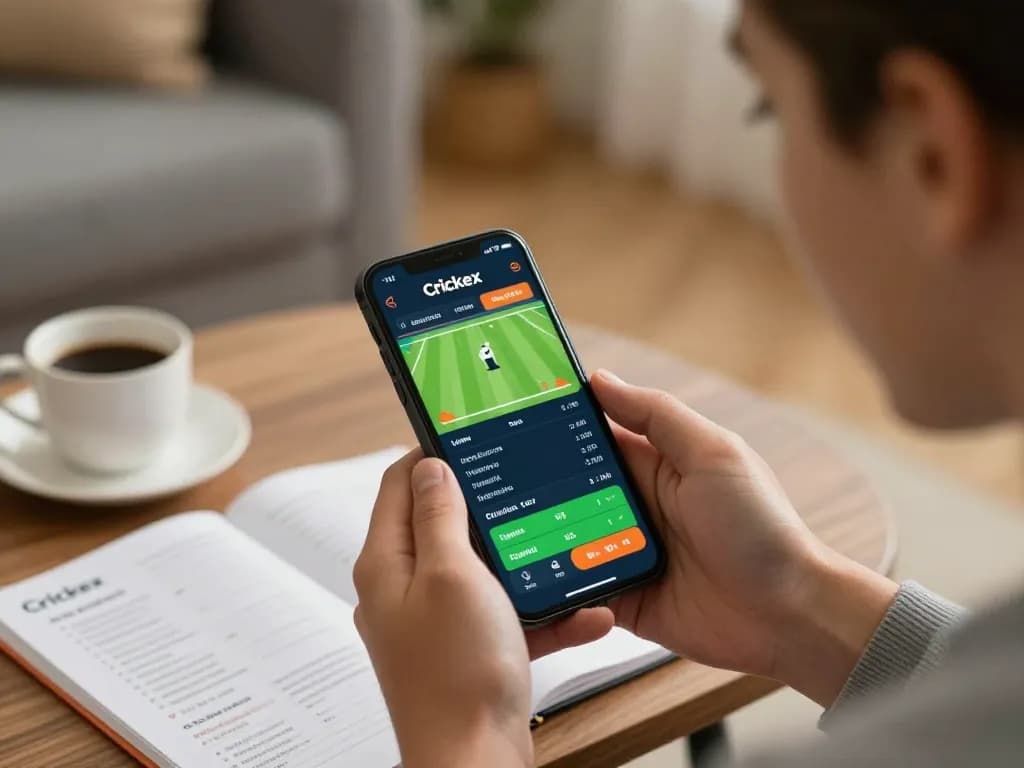 Engaging in cricket betting on the Crickex app from home, showcasing live odds and user-friendly interface.