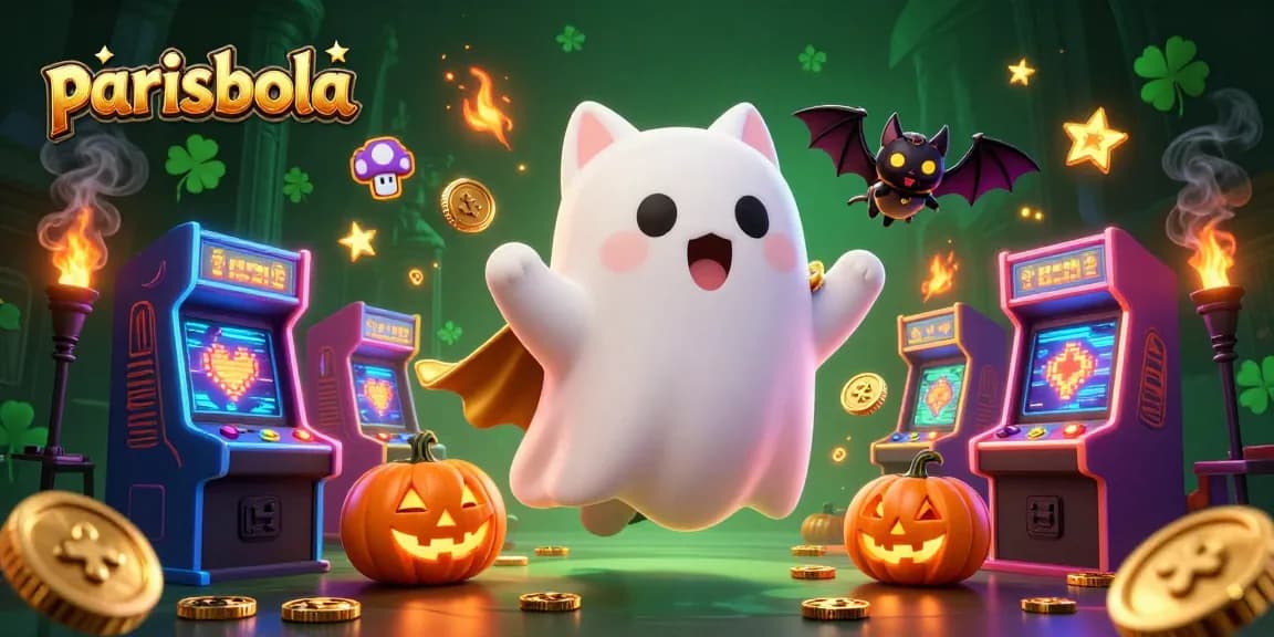 Experience thrilling gaming action at parisbola with a ghost cat in a haunted casino, surrounded by vibrant games.