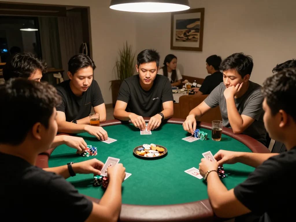 Group of friends enjoying Bolagila Judi Lotto while playing poker at a home game night.
