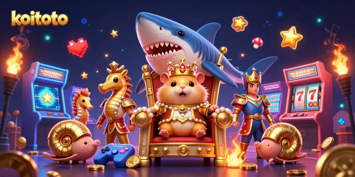 Koitoto features a majestic hamster king in a vibrant casino-themed scene with game elements.