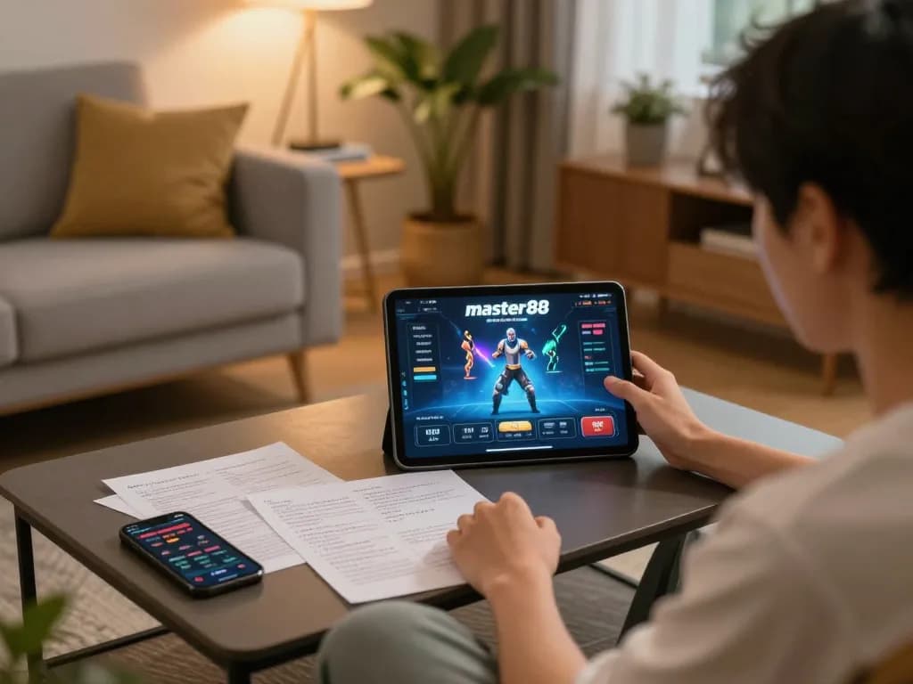 Terlibat dalam permainan online di master88 dengan catatan strategis dan tablet dalam suasana rumah yang nyaman