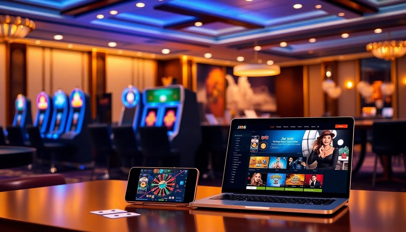 Experience luxury gaming at J88 with vibrant slot machines and modern casino tables.