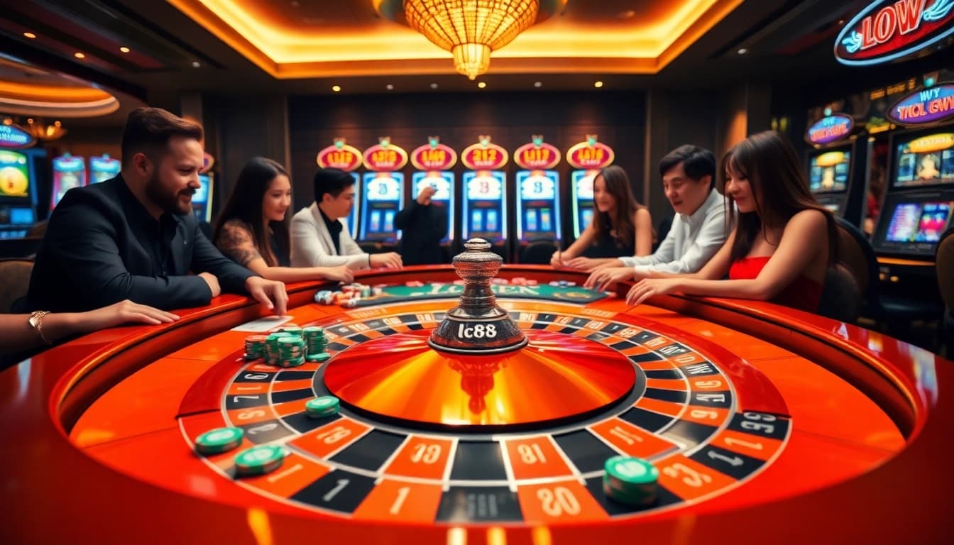 Engaged players enjoy a lively casino atmosphere at lc88 with roulette and vibrant slot machines.