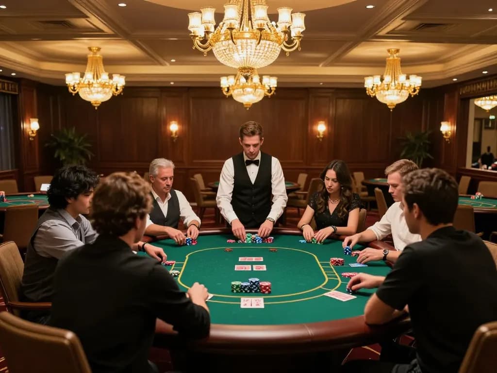 Players strategizing at a VIP table in a luxurious casino for nhà cái 3win.