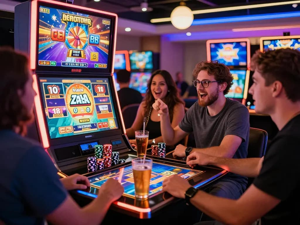 BIUSTOTO online gaming excitement with players engaged at slot machines in a vibrant casino atmosphere.