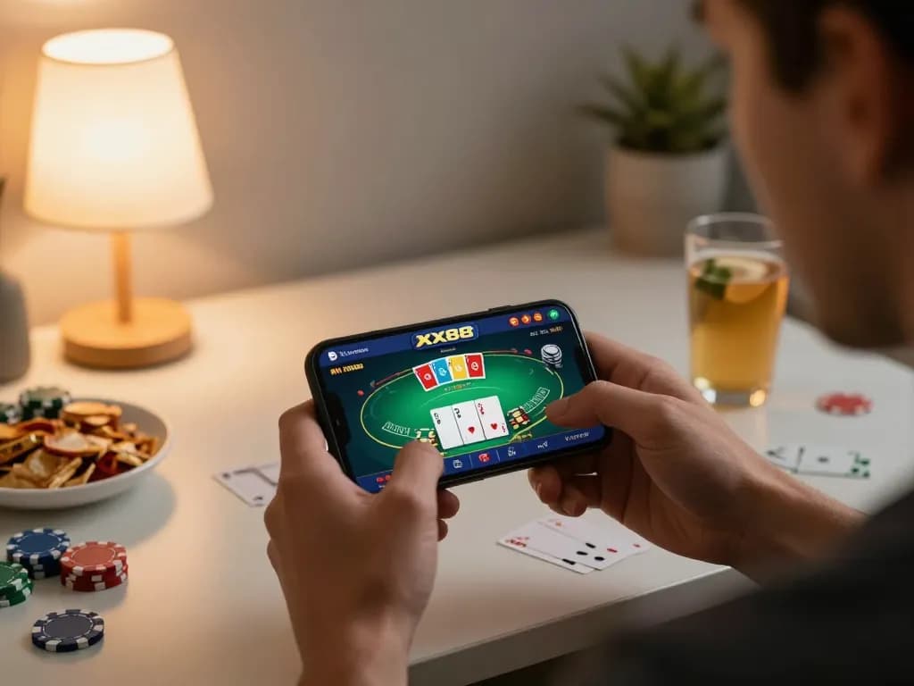 Engaging gameplay on the XX88 app shows live blackjack action from a cozy home gaming setup