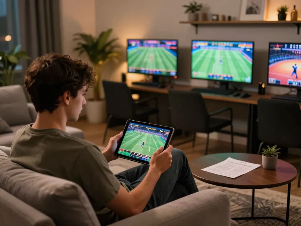 Engaged player using vsbet app for sports betting from a modern living space.