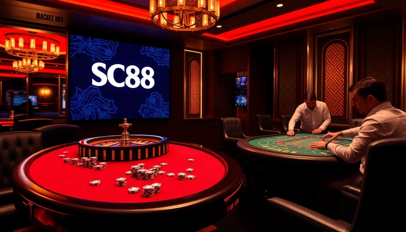 SC88 casino experience with vibrant poker and roulette tables, showcasing luxury and excitement.
