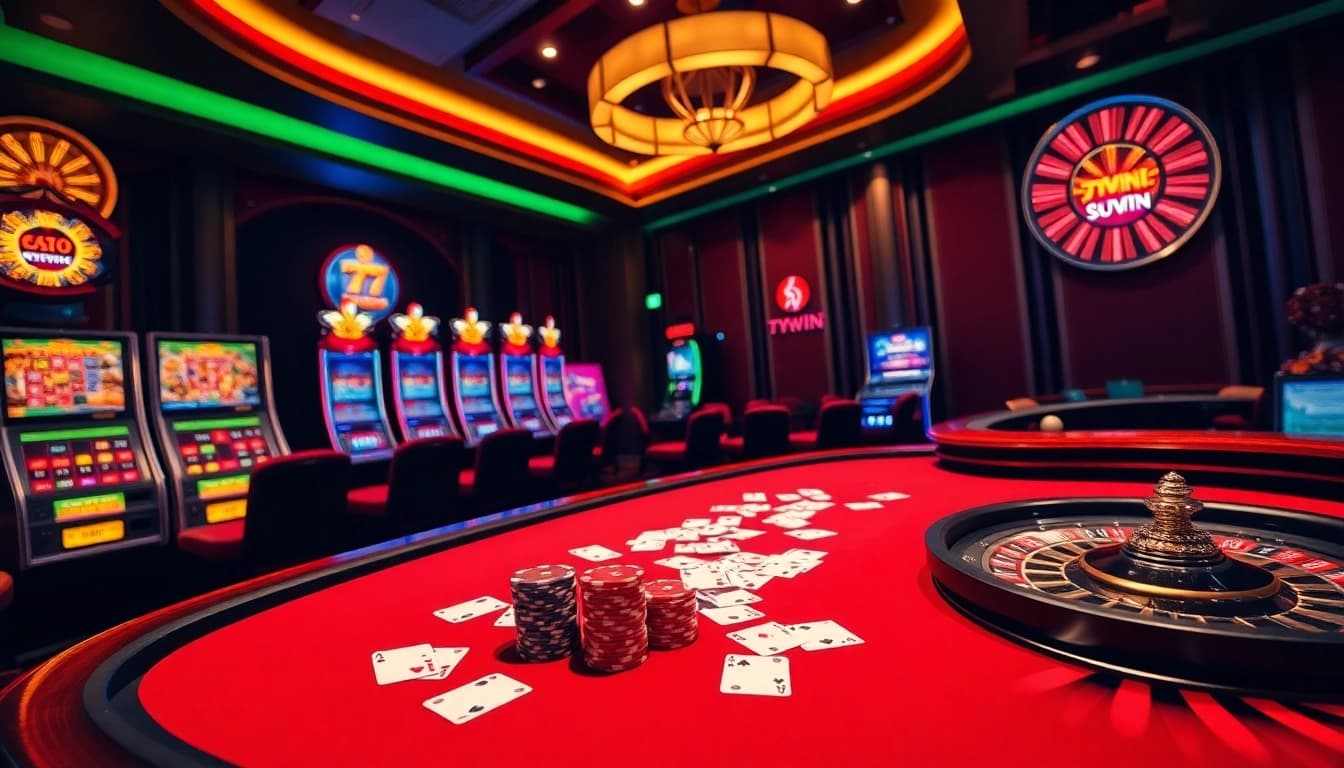 Players enjoying high-stakes action at 77win casino with vibrant poker tables and slot machines.