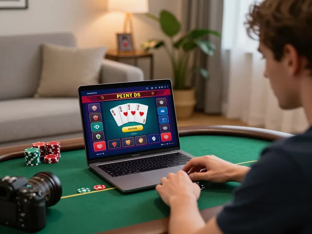 Player enjoying TT88 on a laptop during an online poker game at home, showcasing engagement in responsible gaming.