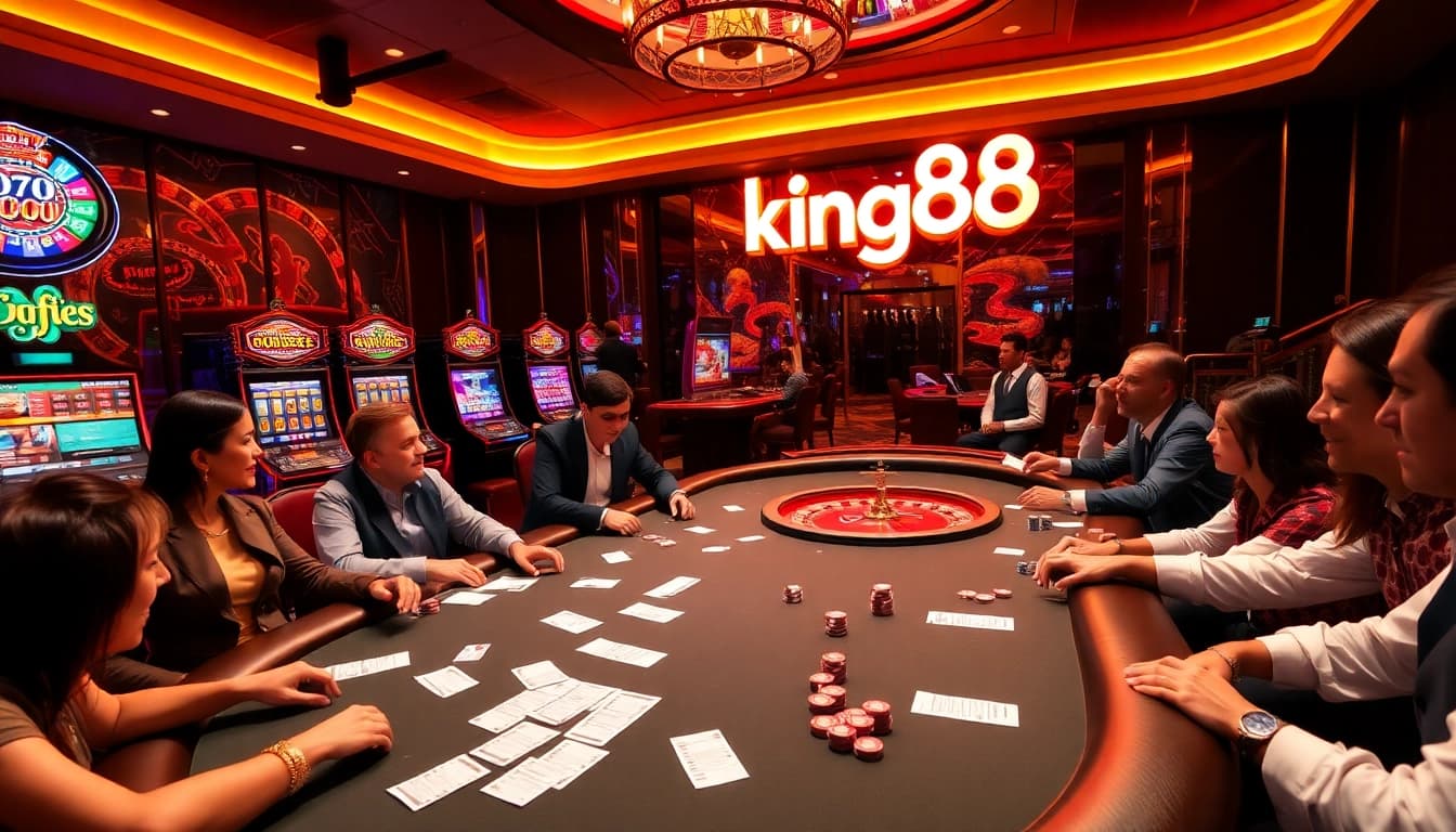 king88 elite casino experience with poker players at a high-stakes table and vibrant slots