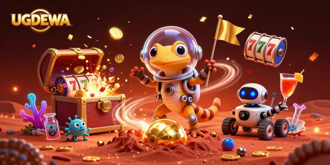 Engage with UGDEWA's thrilling casino adventure featuring vibrant slot reels and golden treasures.