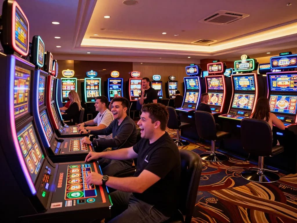 Kuasai skills at IDCJOKER slots while players celebrate wins on vibrant machines