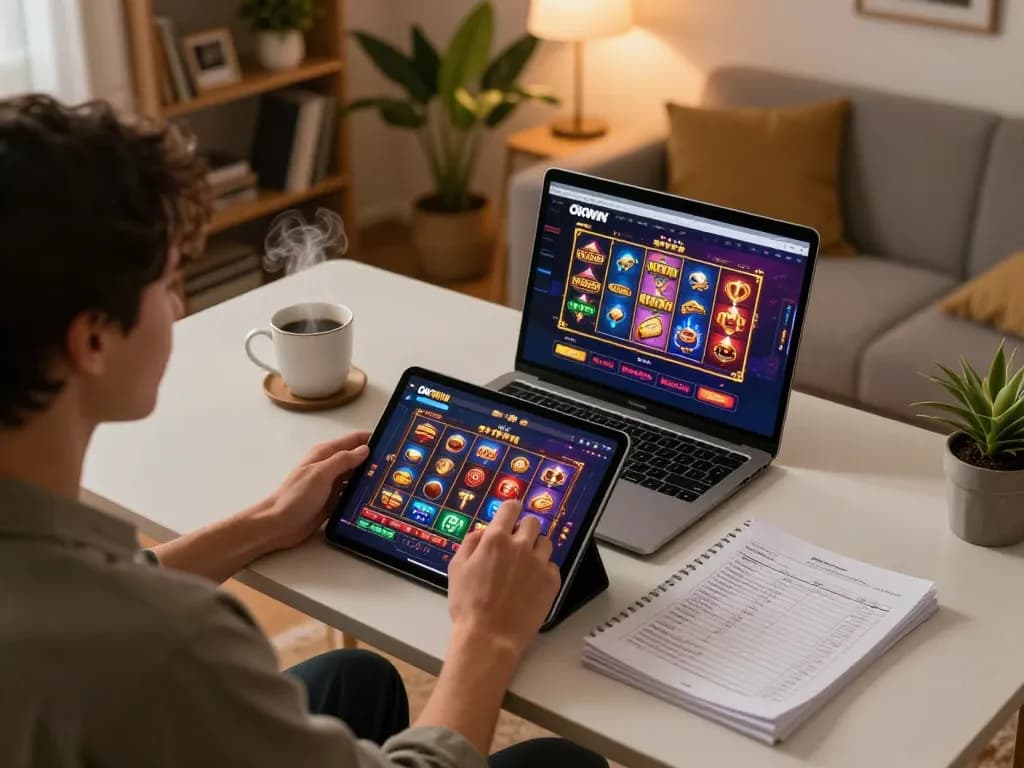 Engaged player exploring liên minh okwin on a tablet, showcasing an inviting home gaming atmosphere.