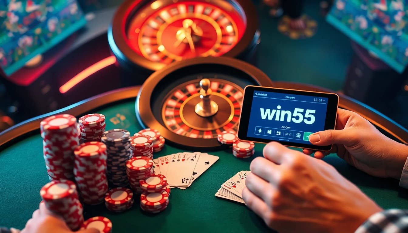 Experience the excitement at win55.com with dynamic casino gameplay featuring colorful poker chips and cards.