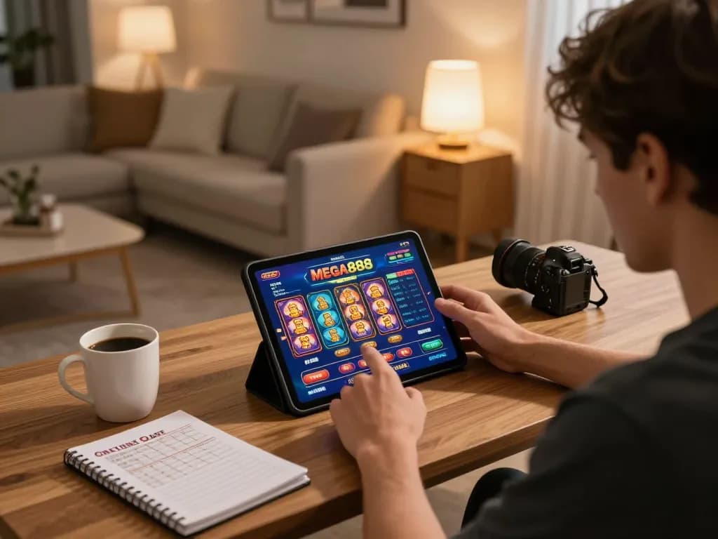 Mega888 user engaging in online gaming on a tablet in a cozy home setup, emphasizing responsible gambling