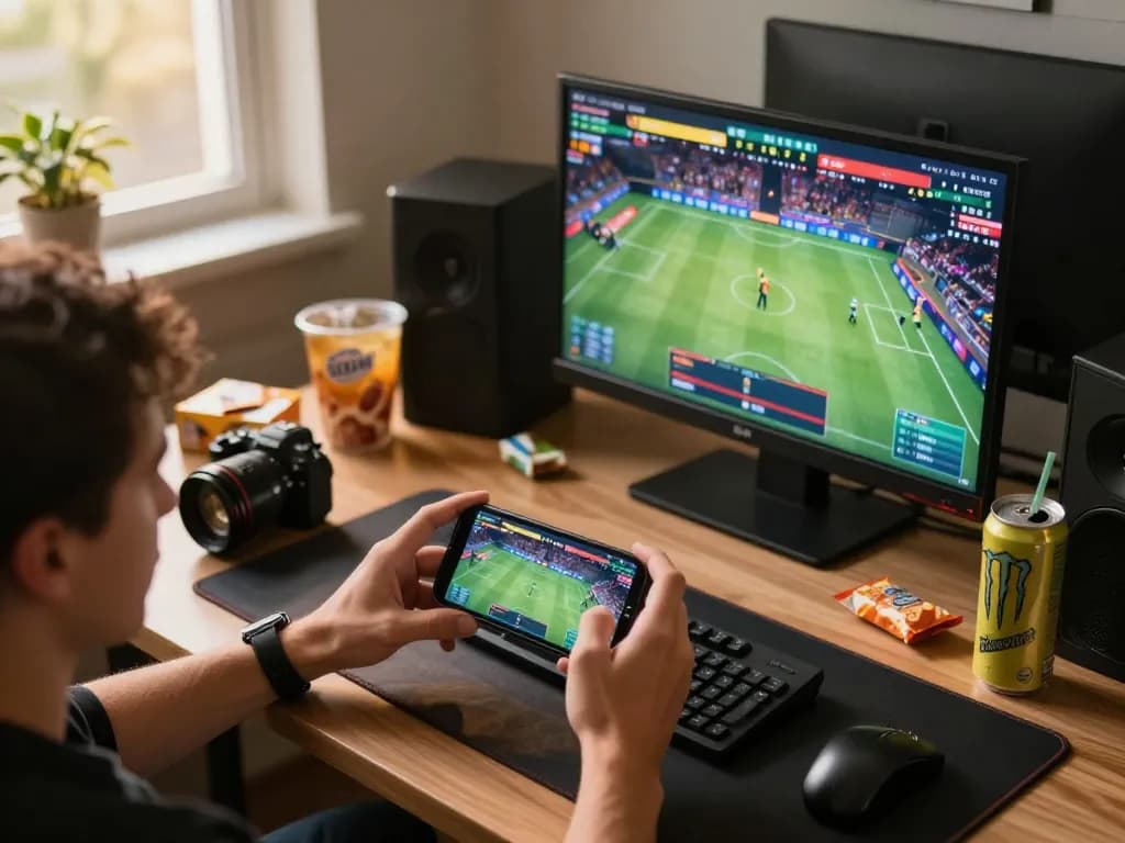 V9BET user engaging in online sports betting with smartphone and lively interface