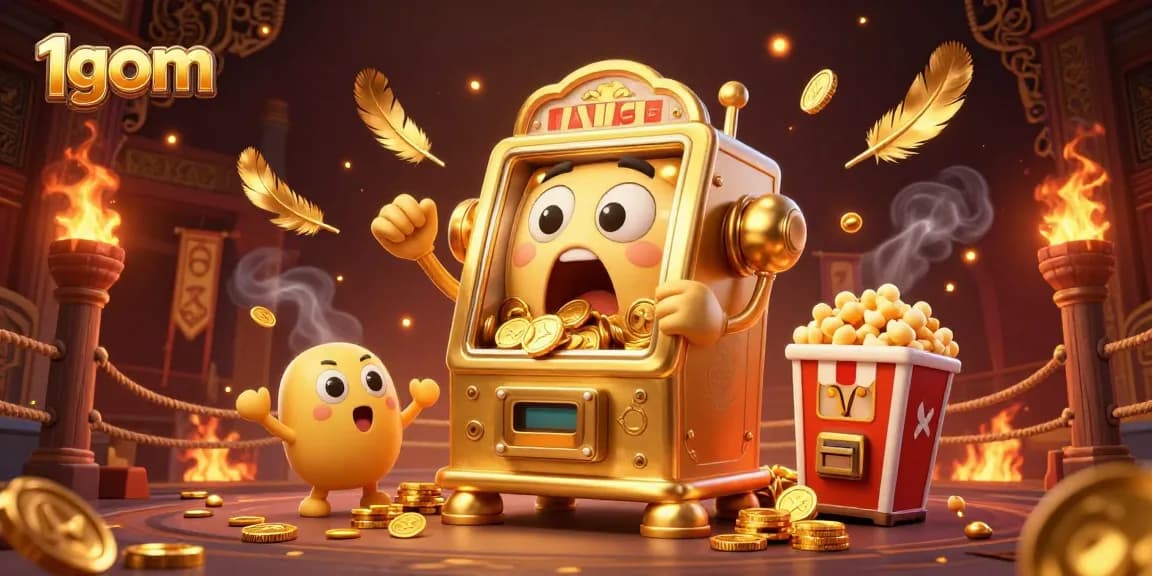1gom slot machine hits a jackpot, coins pouring out, surrounded by cheering baby slots and popcorn machine.
