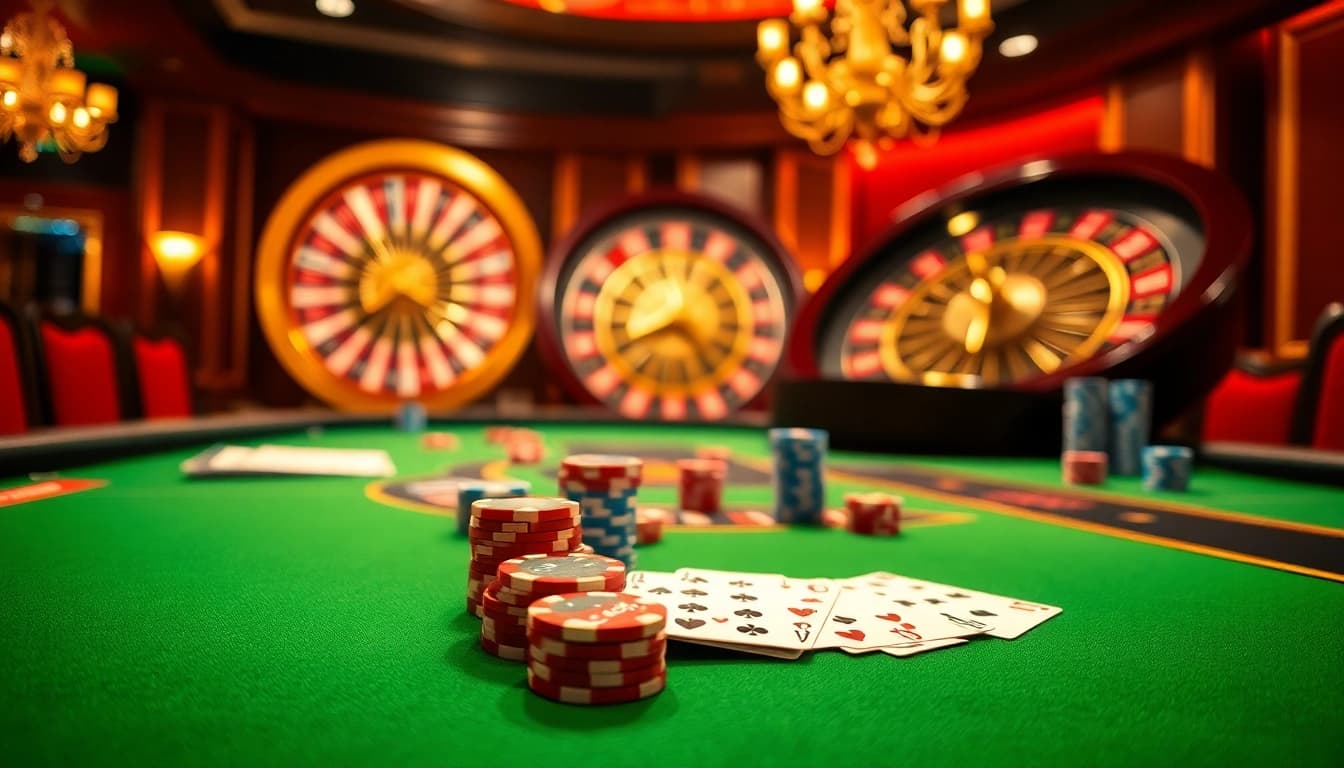 B52 CLUB players enjoy a thrilling game at a luxurious casino table with colorful poker chips and cards.