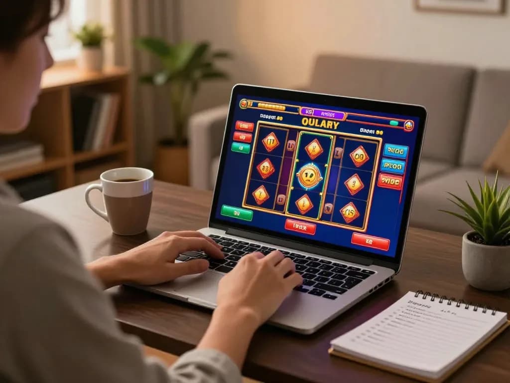 Player enjoying 789win online games on laptop with vibrant slot visuals and strategic notes.