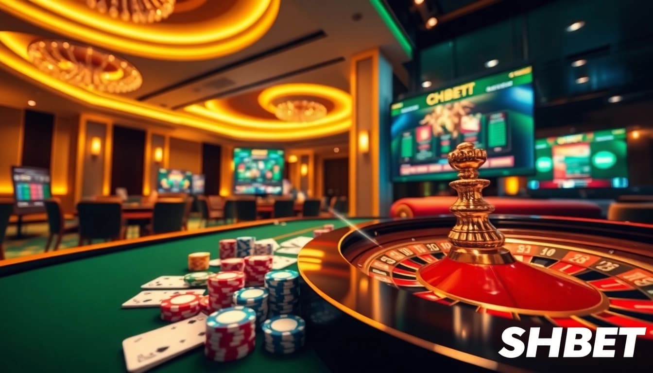 Experience the thrills at SHBET online casino with vibrant games, poker chips, and roulette action.
