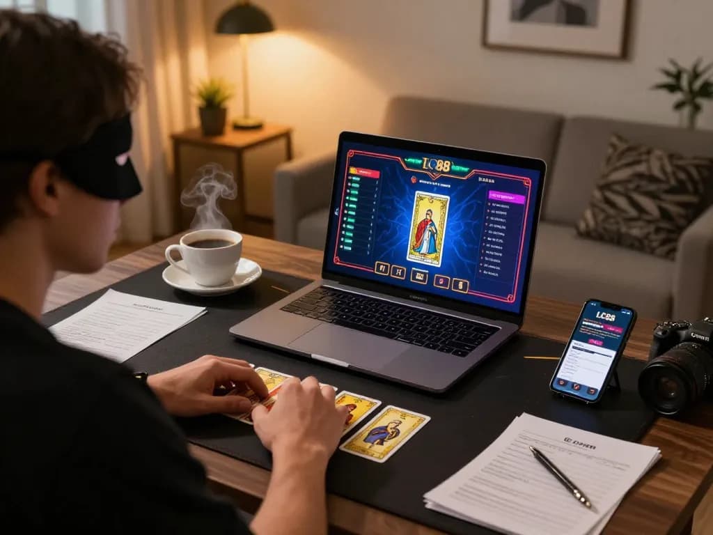 Player engaged in thrilling online casino experience with LC88 app on laptop while studying strategy guides.