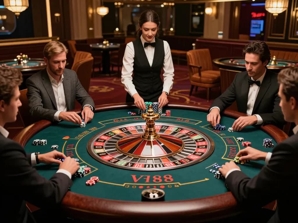 Players engaging with the roulette table at LV88 casino, showcasing vibrant chips and a lively atmosphere.