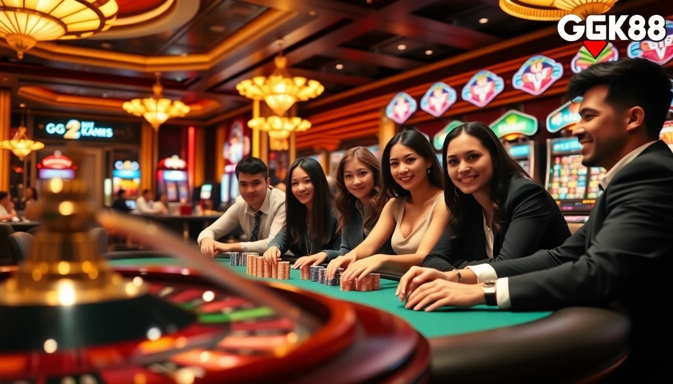 Excited players at a GK88 casino poker table with vibrant slot machines in the background.