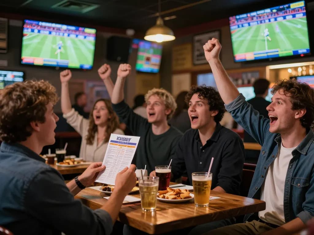 Exciting sports betting atmosphere with crowds cheering for viral88 games at a lively sports bar.