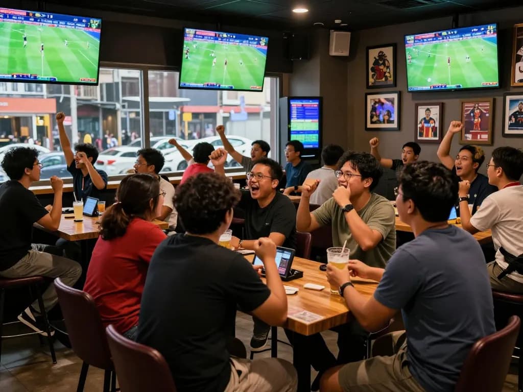 Fans celebrating Judi Bola at a sports bar during a thrilling match.