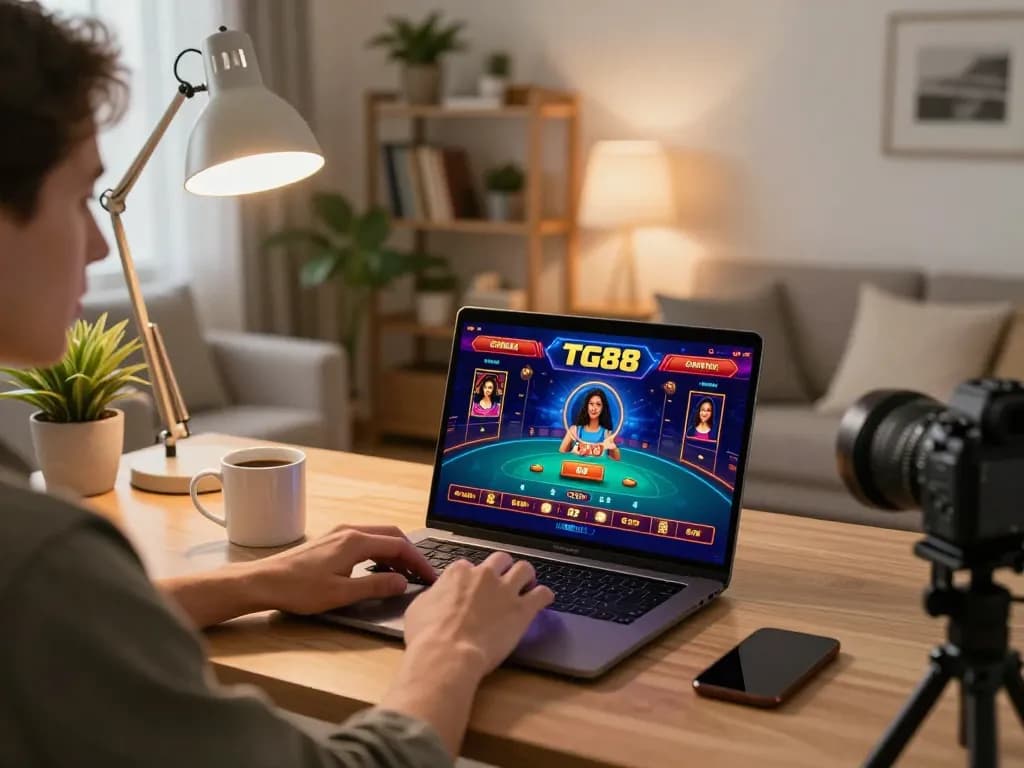 Player placing bets on the TG88 app from a cozy home office, showcasing online gambling dynamics.