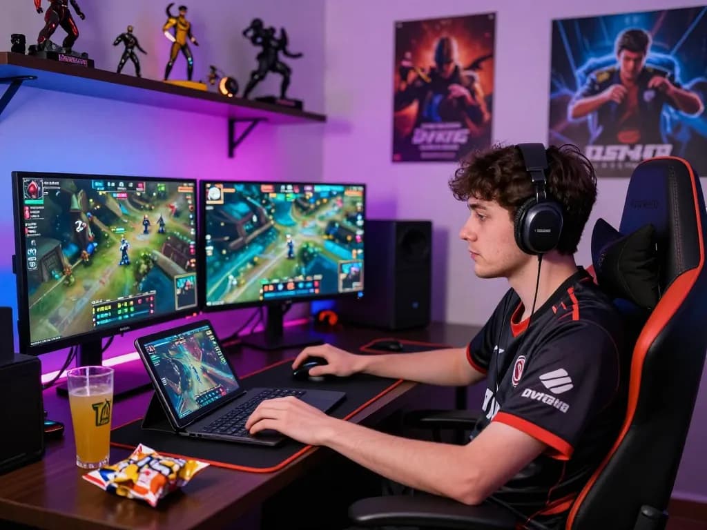 Dota 2 betting enthusiast intensely engaged with live match stats in a dynamic gaming setup, showcasing the excitement of esports wagering.